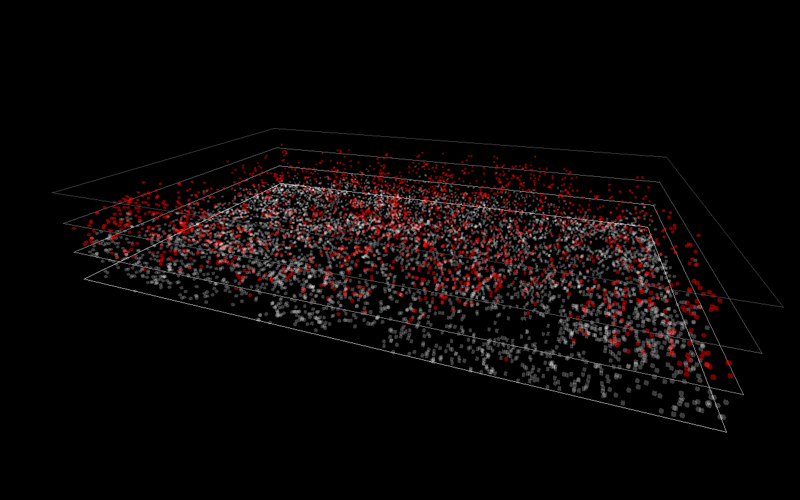 VersuS, crisis, 2011, Salvatore Iaconesi and Oriana Persico, real-time data and information visualization. © Iaconesi and Persico, 2011. City of Rome, during a research in winter 2011. The image represents a screen capture of a visualization of the messages of citizens of the city of Rome using social networks to discuss the financial crisis in Italy. Red colored dots represent expressions of particular verbal violence. Courtesy of Art is Open Source.